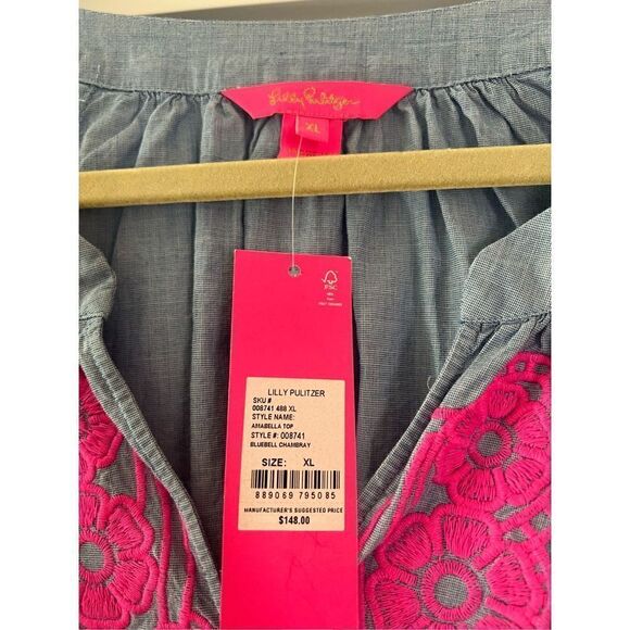 New Lilly Pulitzer Blue Chambray Hot Pink Amabella Embroidered Top - Picture 3 of 7